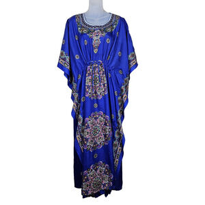 Kaftan Womens One Size Royal Blue Rhinestone Mandala Half Sleeve Long Colorful